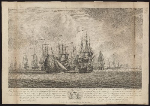 Kopergravure. Het schip Batavier reddeloos na de slag op Doggersbank.